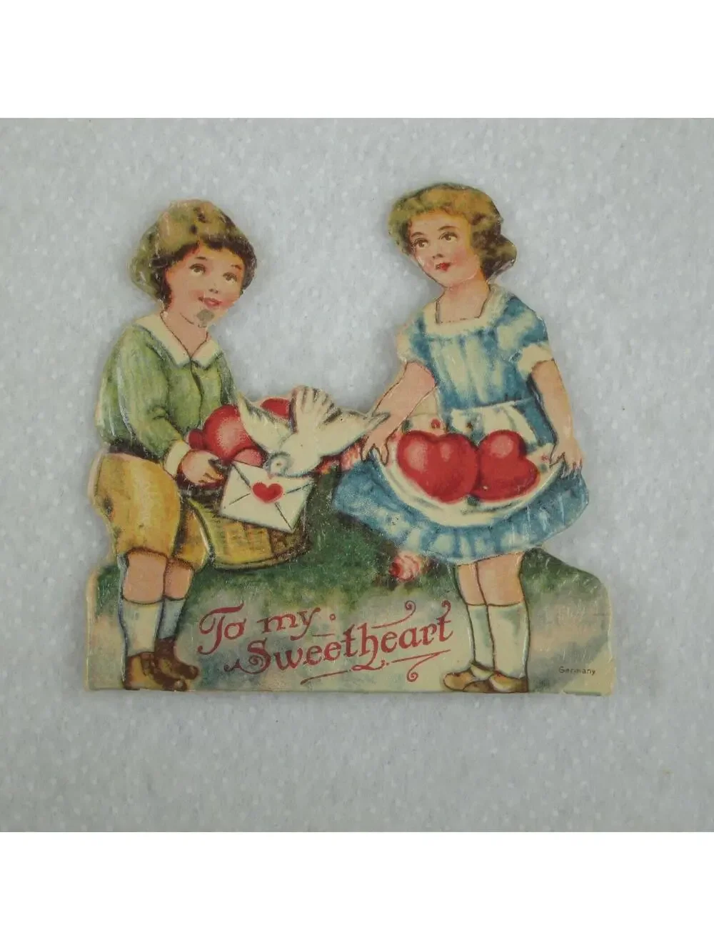 Vintage Valentine Die Cut Stand Up Boy Girl Heart Dove 1920-30s Germany UNSIGNED
